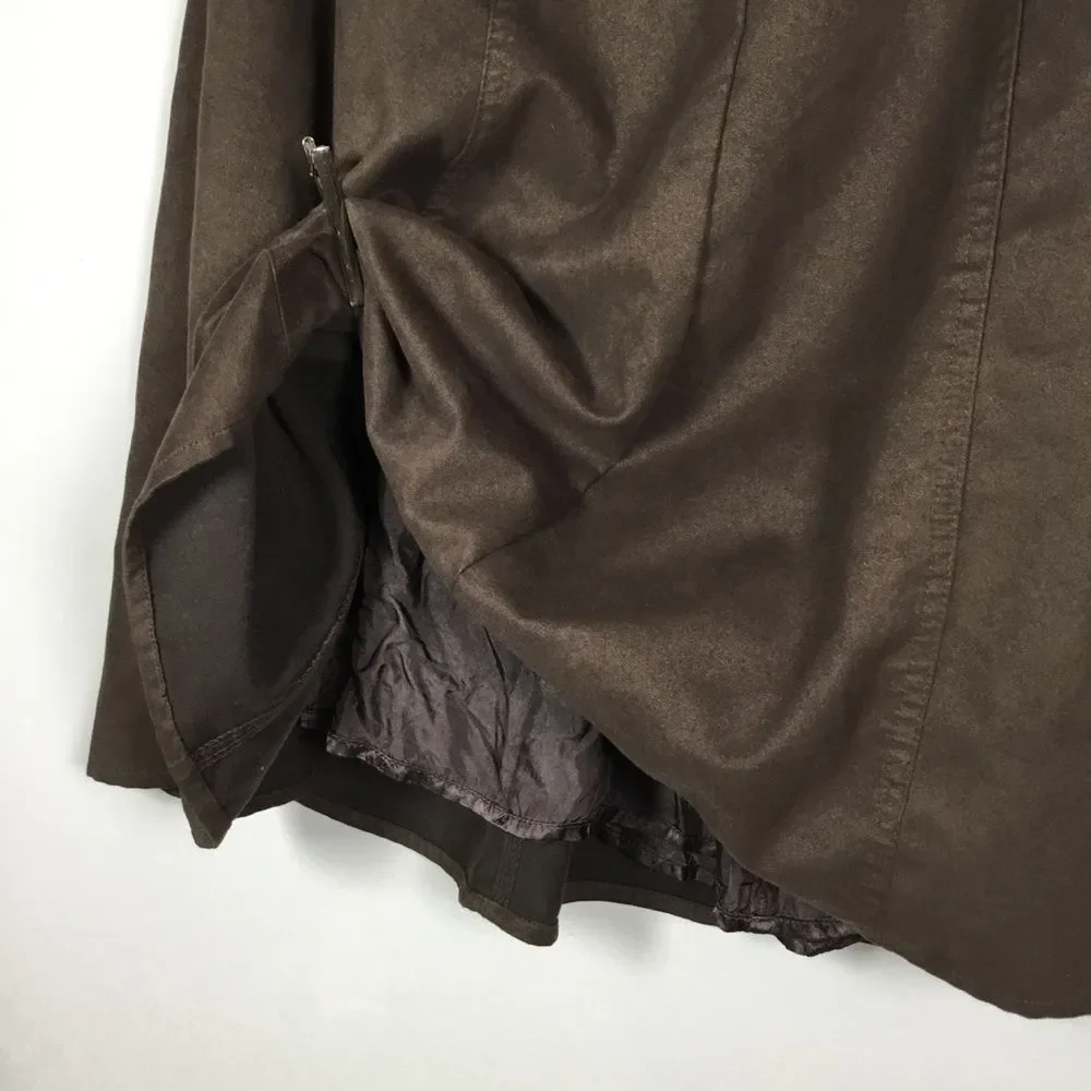 Brown faux vegan suede western prairie a line skirt satin liner size 6 waist 30”
